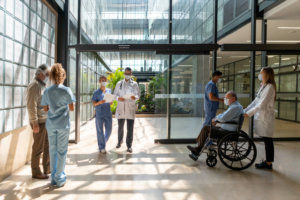 people walking through hospital